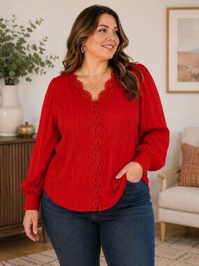 Red Textured Lace Trim Peasant Blouse Size XXL